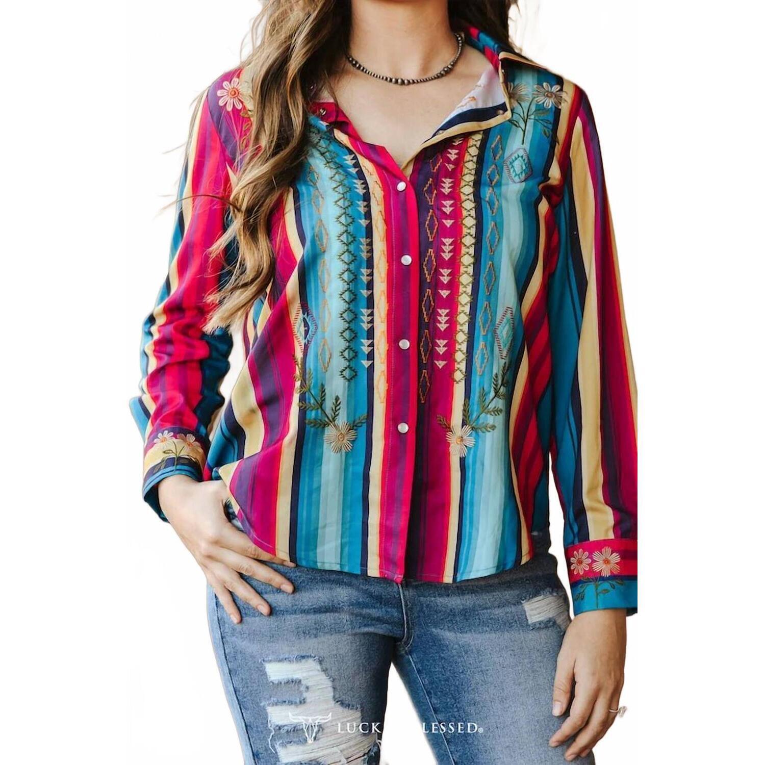 New Lucky & Blessed Pearl Snap Embroidered Western Top In Red